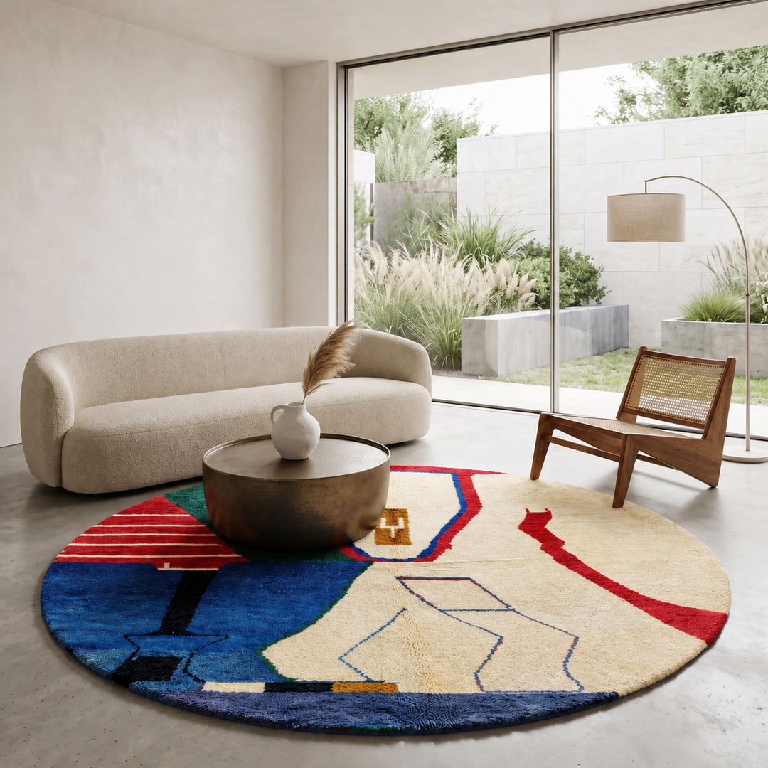 Round Moroccan wool rug featuring an abstract symbolic design in cream, red, blue, green, black, and ochre.