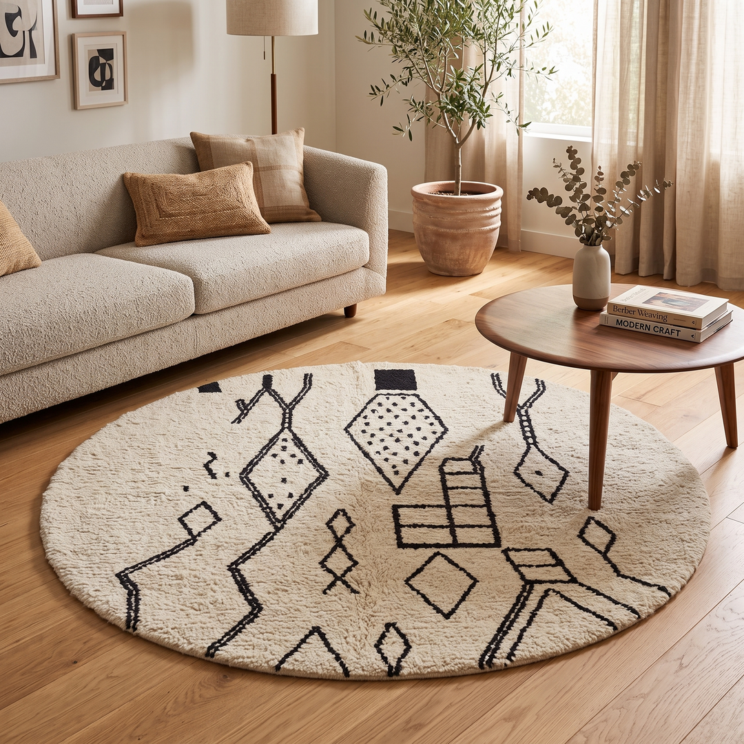 Handmade round Moroccan wool rug with traditional Berber symbols, featuring black geometric motifs on an white wool base.