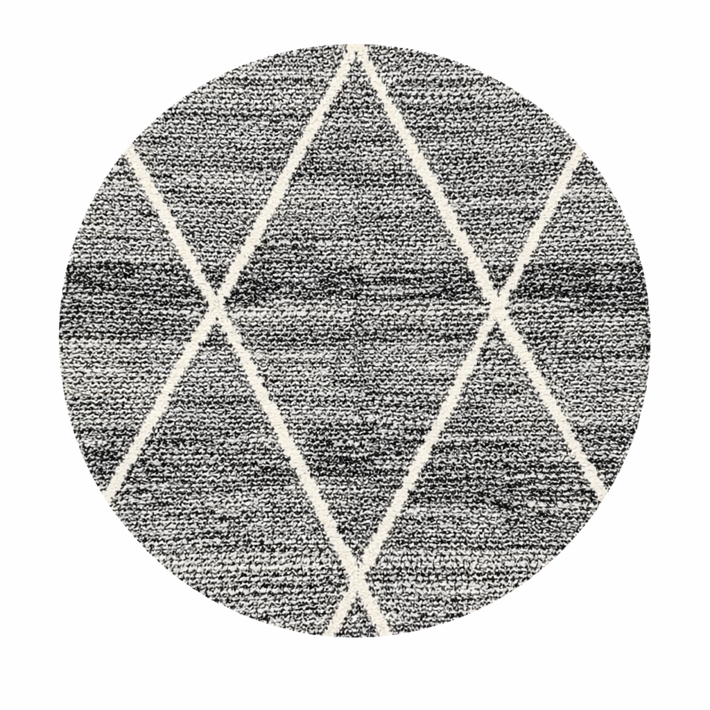 Round black and white Moroccan wool rug with geometric Berber diamond pattern on white background
