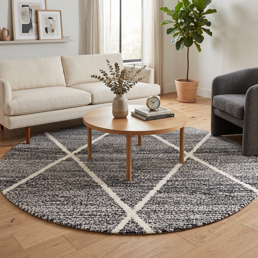Round black and white Moroccan wool rug with geometric Berber diamond pattern on white background