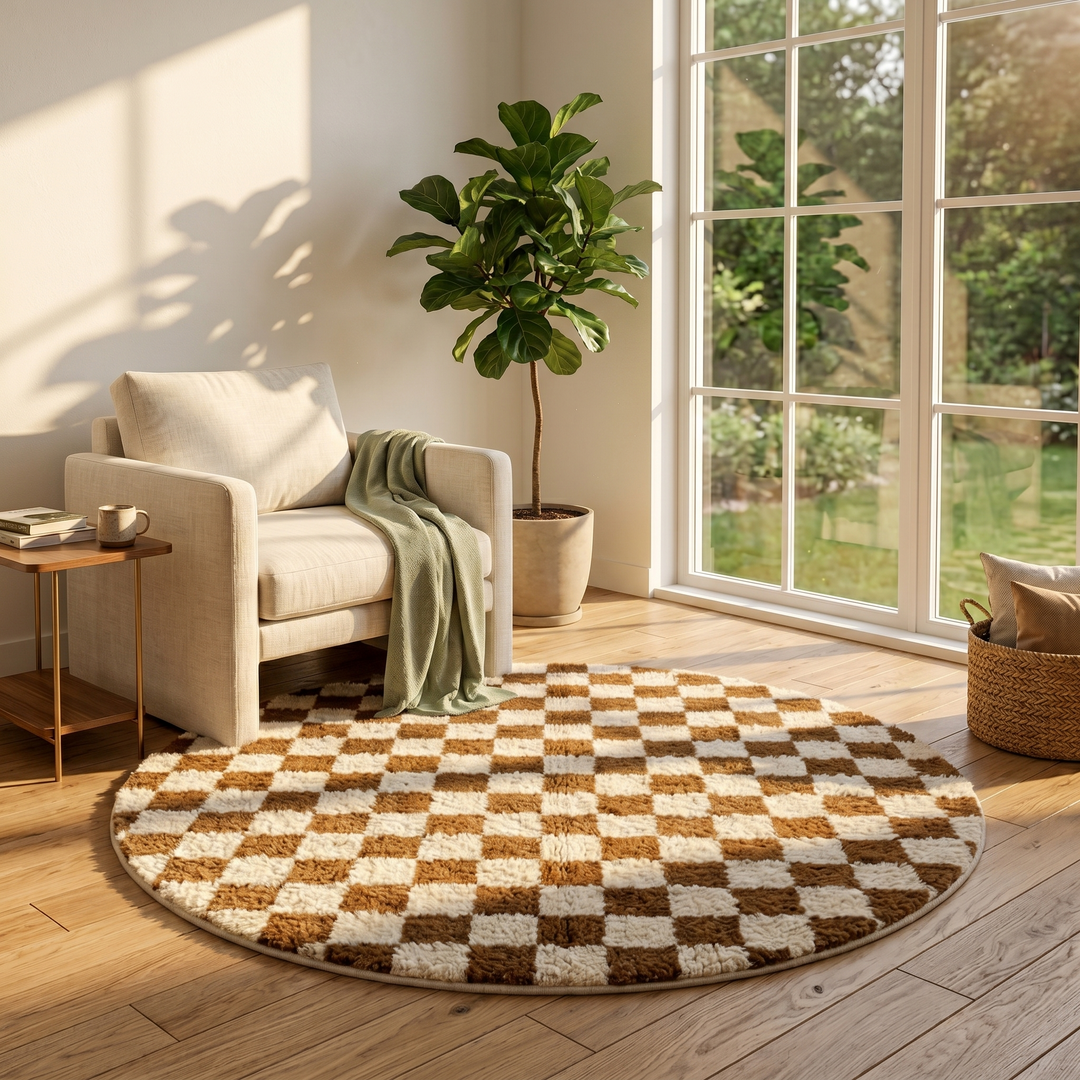 Handmade round brown and ivory Moroccan wool rug featuring a classic checkerboard geometric pattern.