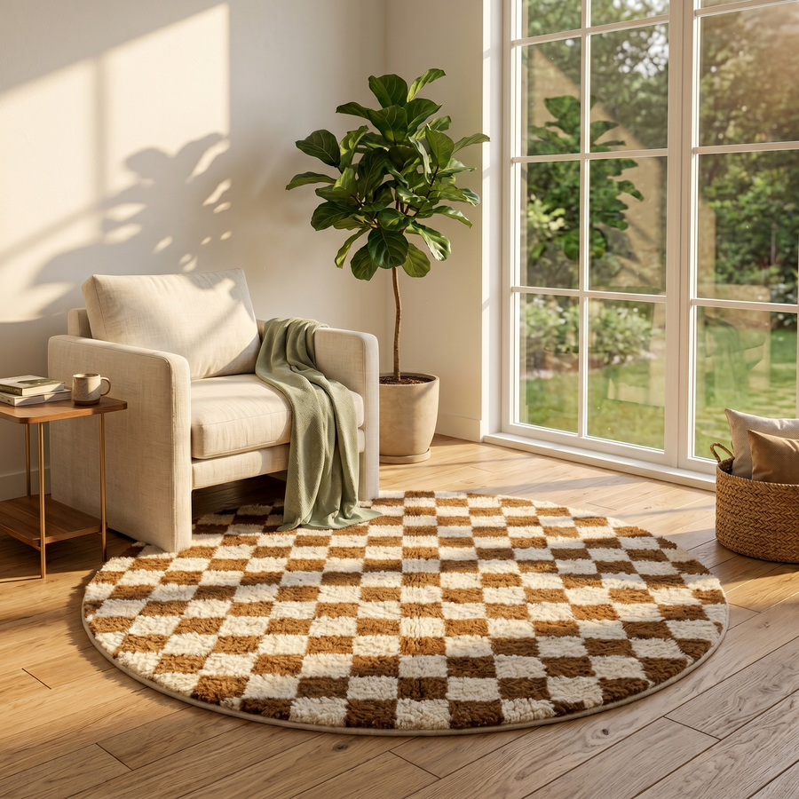 Handmade round brown and ivory Moroccan wool rug featuring a classic checkerboard geometric pattern.