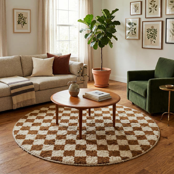 Handmade round brown and ivory Moroccan wool rug featuring a classic checkerboard geometric pattern.