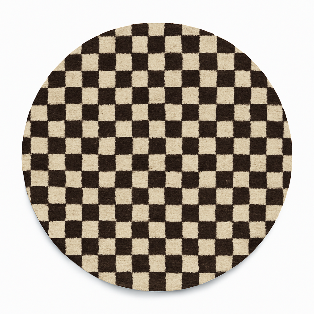 Round brown and white checkered Moroccan rug