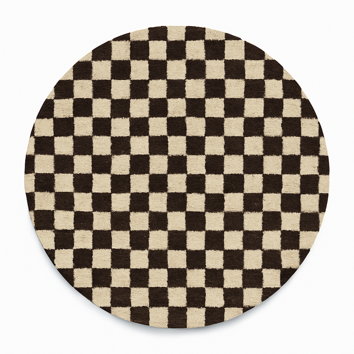 Round brown and white checkered Moroccan rug