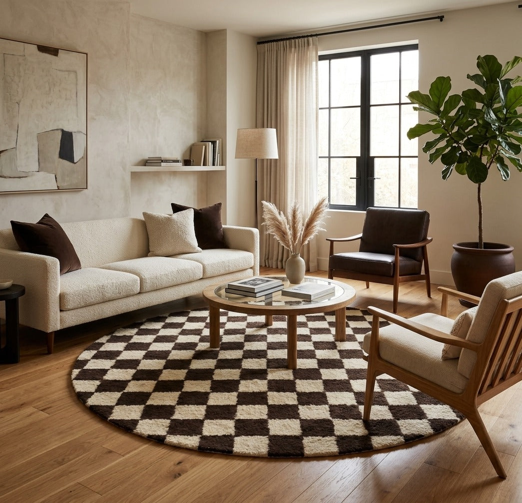 Round brown and white checkered Moroccan rug