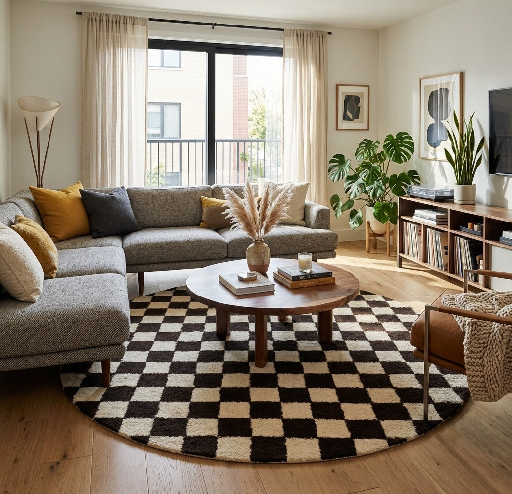 Round brown and white checkered Moroccan rug