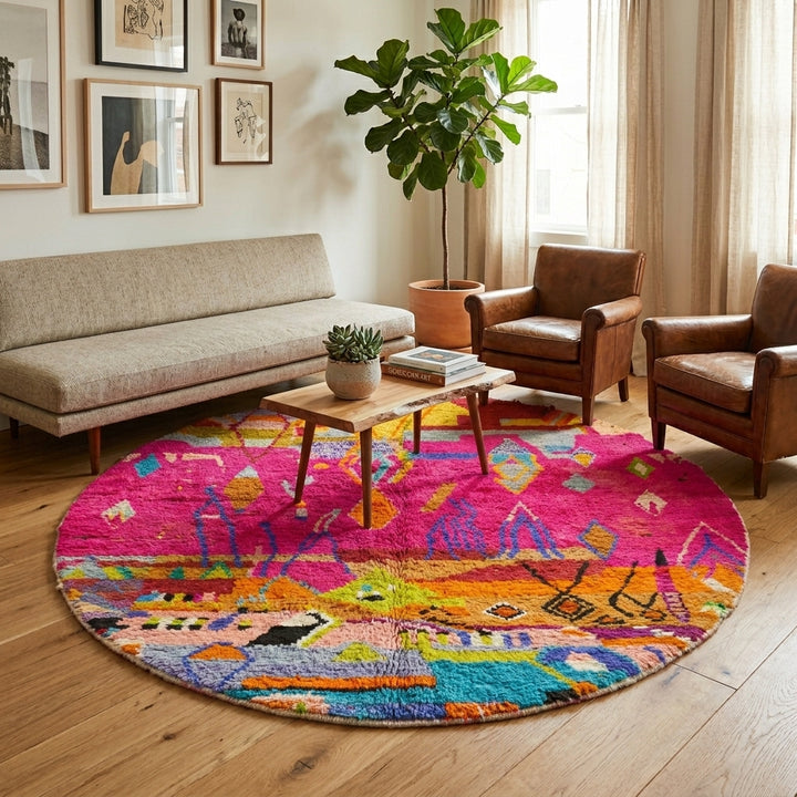 Round Moroccan wool rug with colorful abstract Berber design on pink background