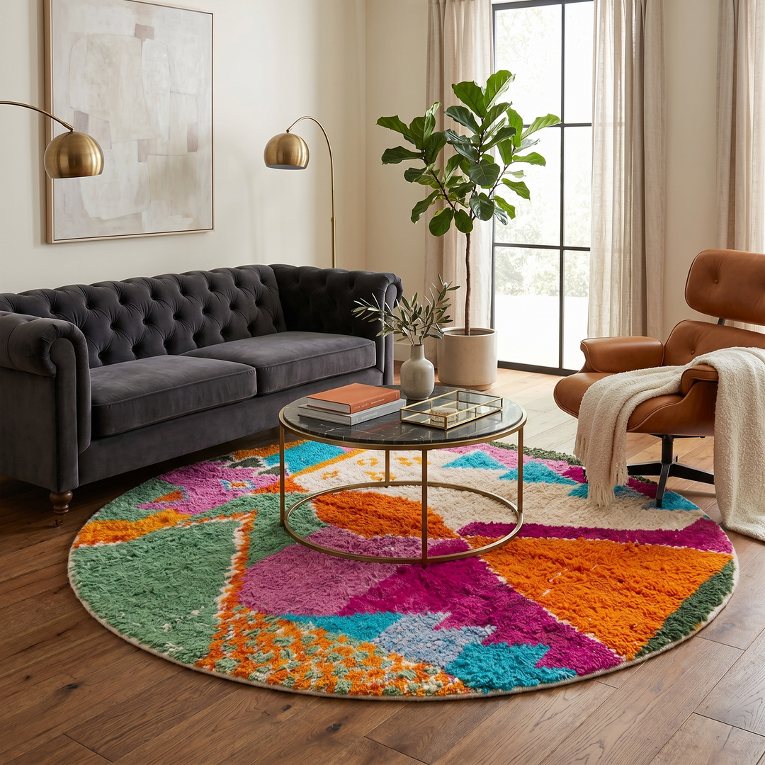 Colorful round Moroccan wool rug with abstract orange, pink, turquoise, mint green, and ivory geometric patterns.