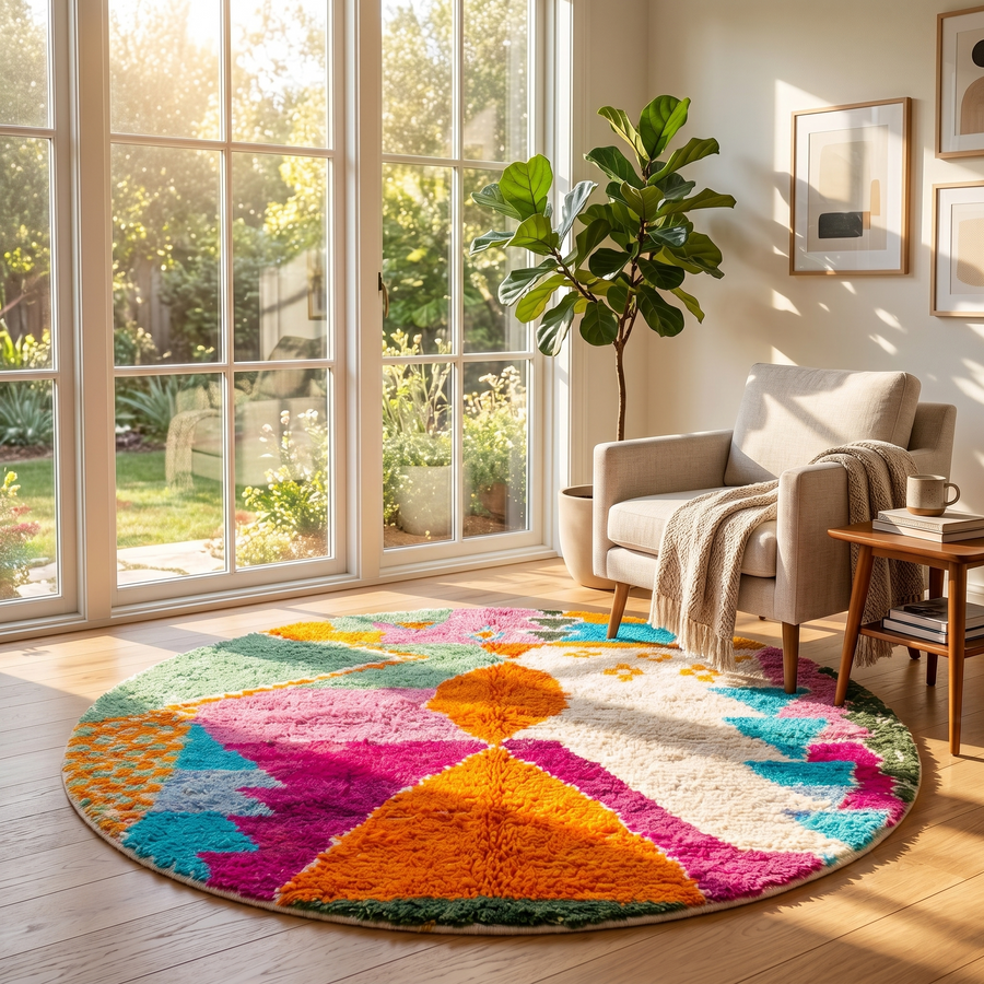 Colorful round Moroccan wool rug with abstract orange, pink, turquoise, mint green, and ivory geometric patterns.