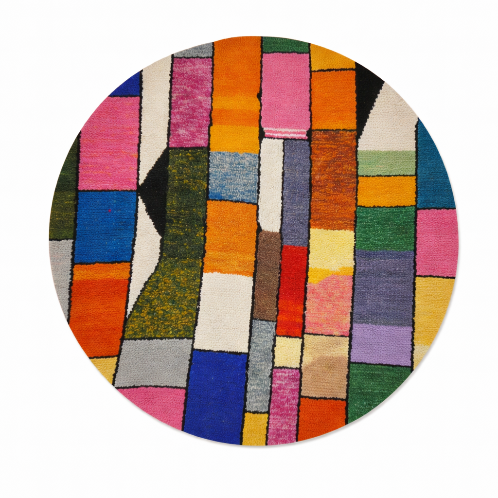 Handmade round Moroccan wool rug with colorful geometric block design, featuring vibrant orange, pink, blue, green, yellow, and black tones.