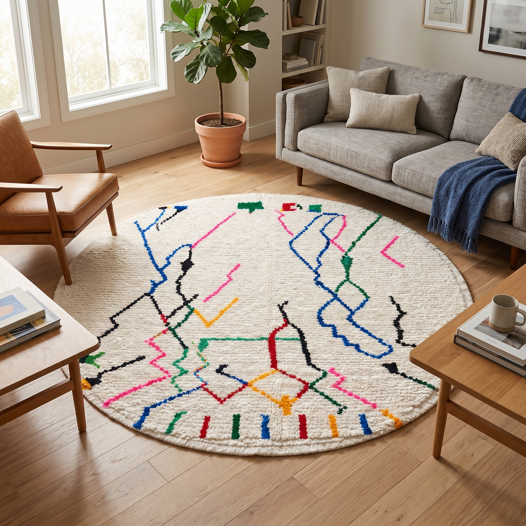 Handmade round Moroccan wool rug featuring an ivory background with colorful abstract Berber geometric patterns and a soft plush texture.