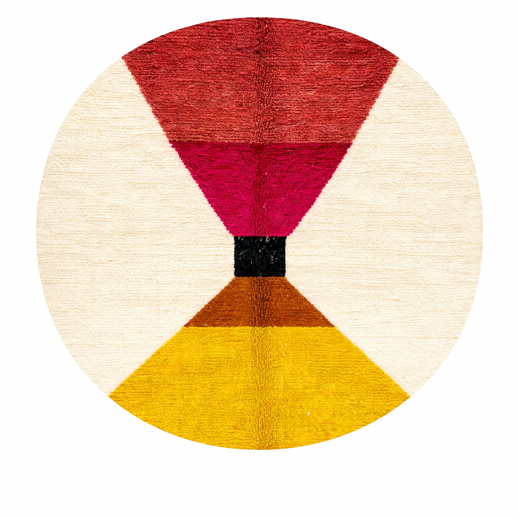 Handmade round Moroccan wool rug with bold geometric color-block design in red, magenta, brown, black, and yellow on an white base.