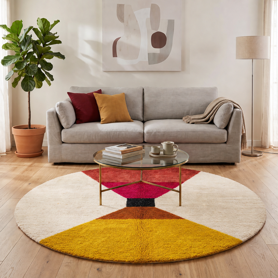 Handmade round Moroccan wool rug with bold geometric color-block design in red, magenta, brown, black, and yellow on an white base.