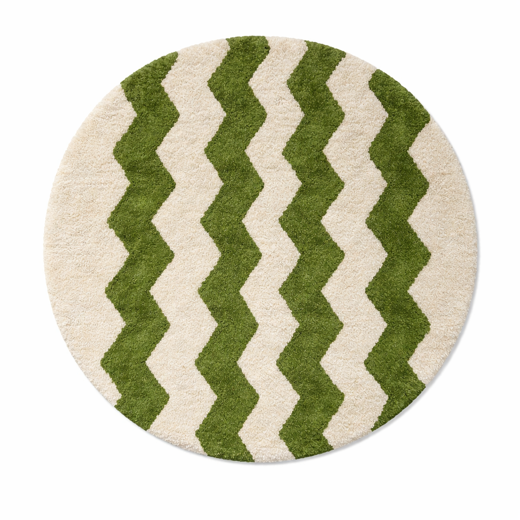 Round handmade Moroccan wool rug with green zigzag chevron pattern on cream background