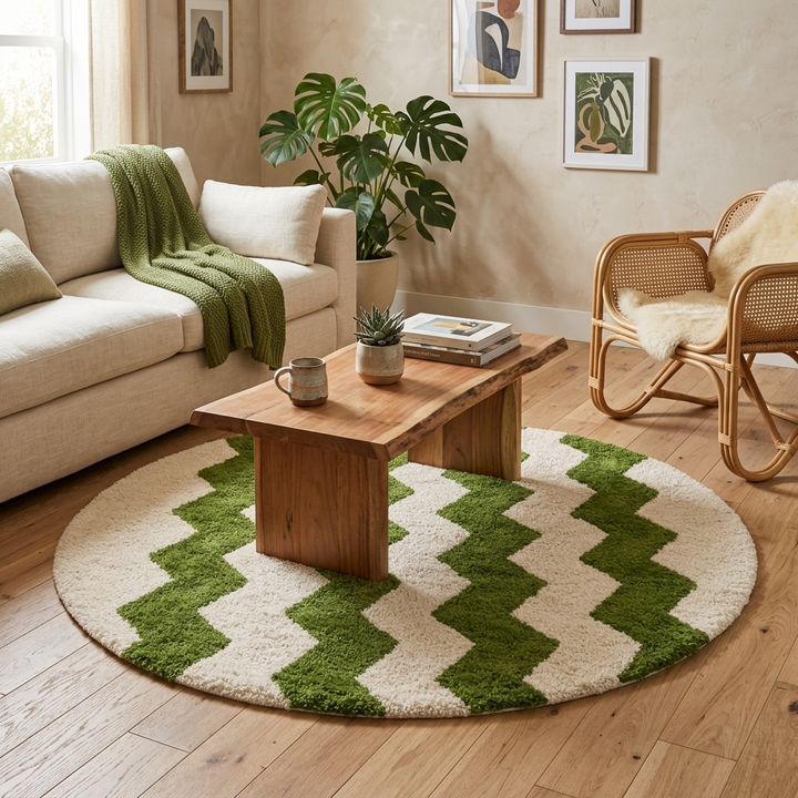 Round handmade Moroccan wool rug with green zigzag chevron pattern on cream background