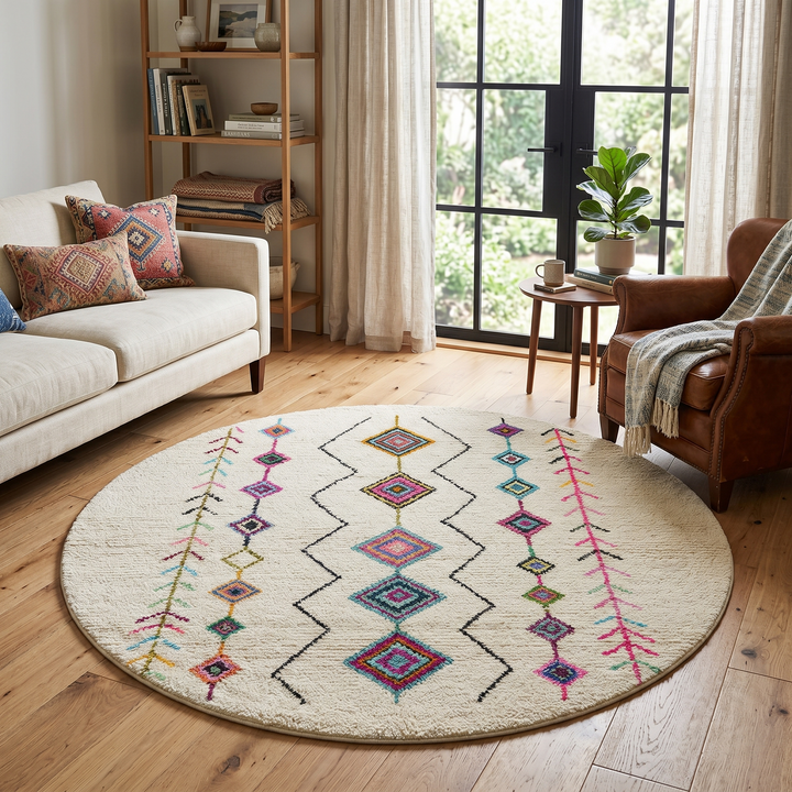 Round Moroccan Wool Rug – Handmade Colorful Berber Diamond Rug
