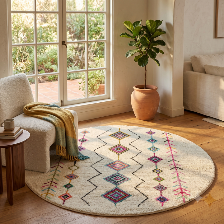 Round Moroccan Wool Rug – Handmade Colorful Berber Diamond Rug