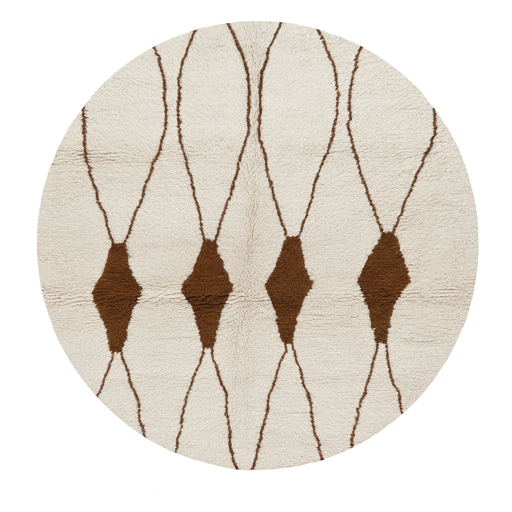 Round Moroccan wool rug with brown geometric lines on white.