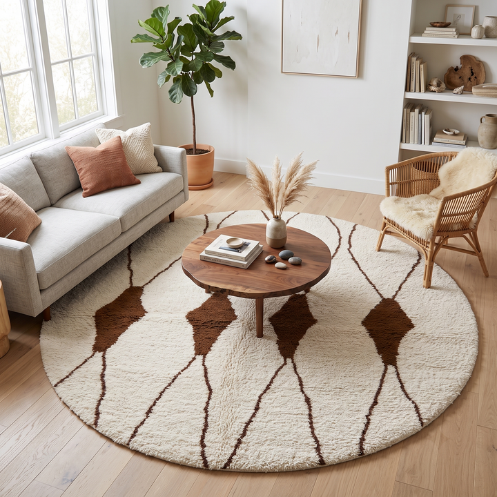 Round Moroccan wool rug with brown geometric lines on white.