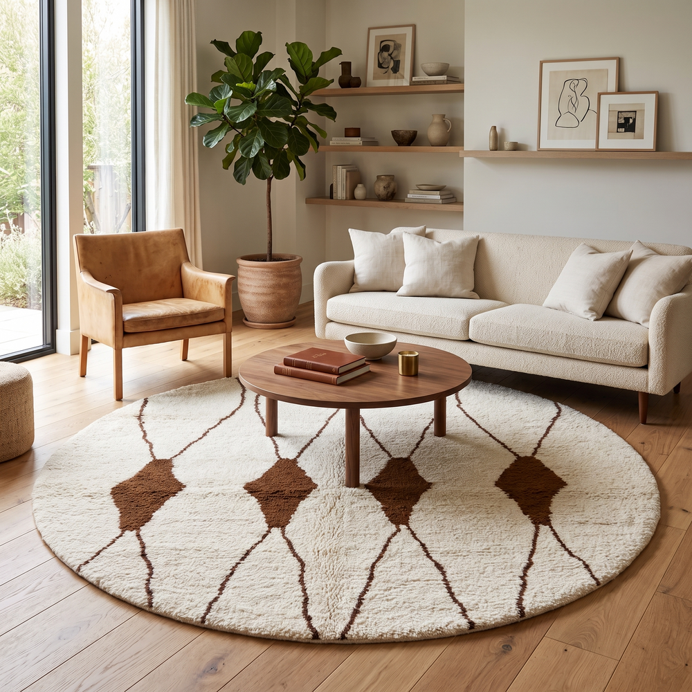 Round Moroccan wool rug with brown geometric lines on white.