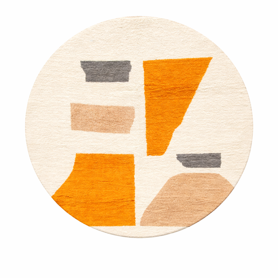 Round Moroccan wool rug with modern abstract Berber design in earth tones