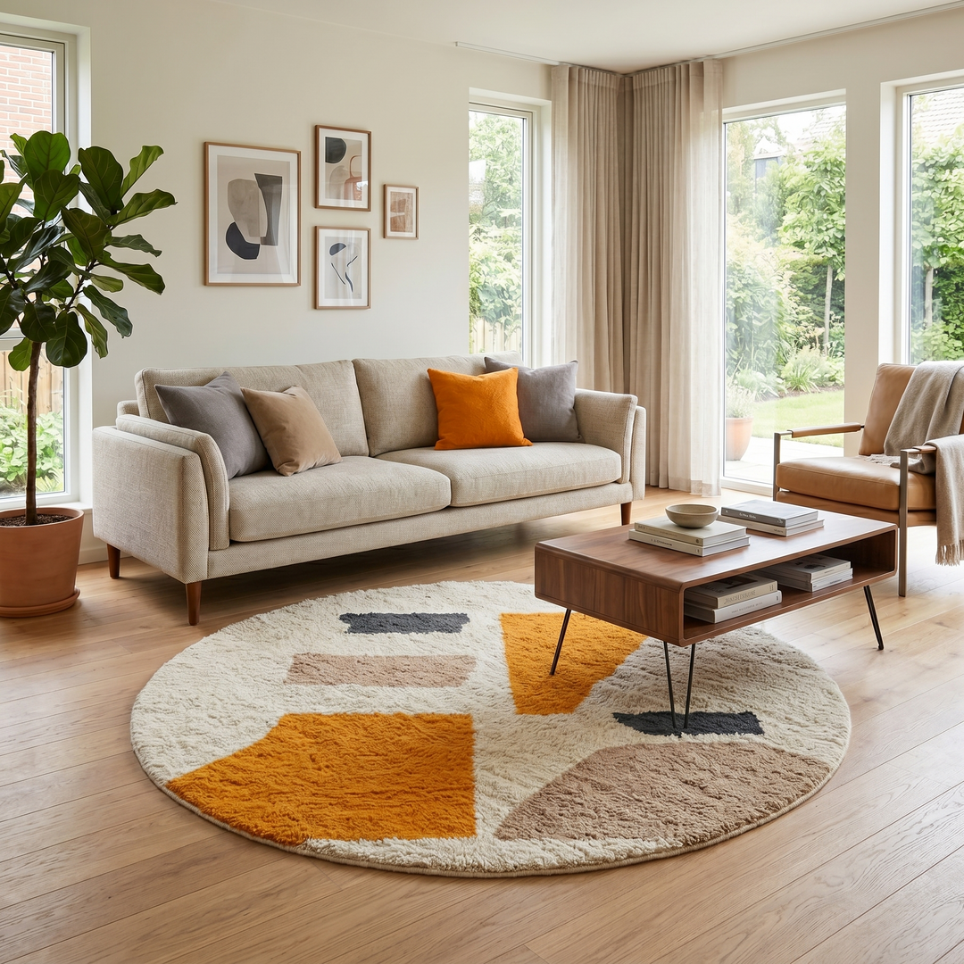 Round Moroccan wool rug with modern abstract Berber design in earth tones