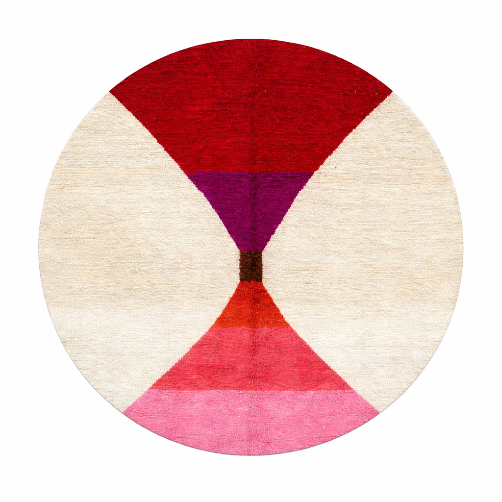 Handmade round Moroccan wool rug with modern geometric design, featuring cream base and bold red, burgundy, purple, orange, and pink color blocks.