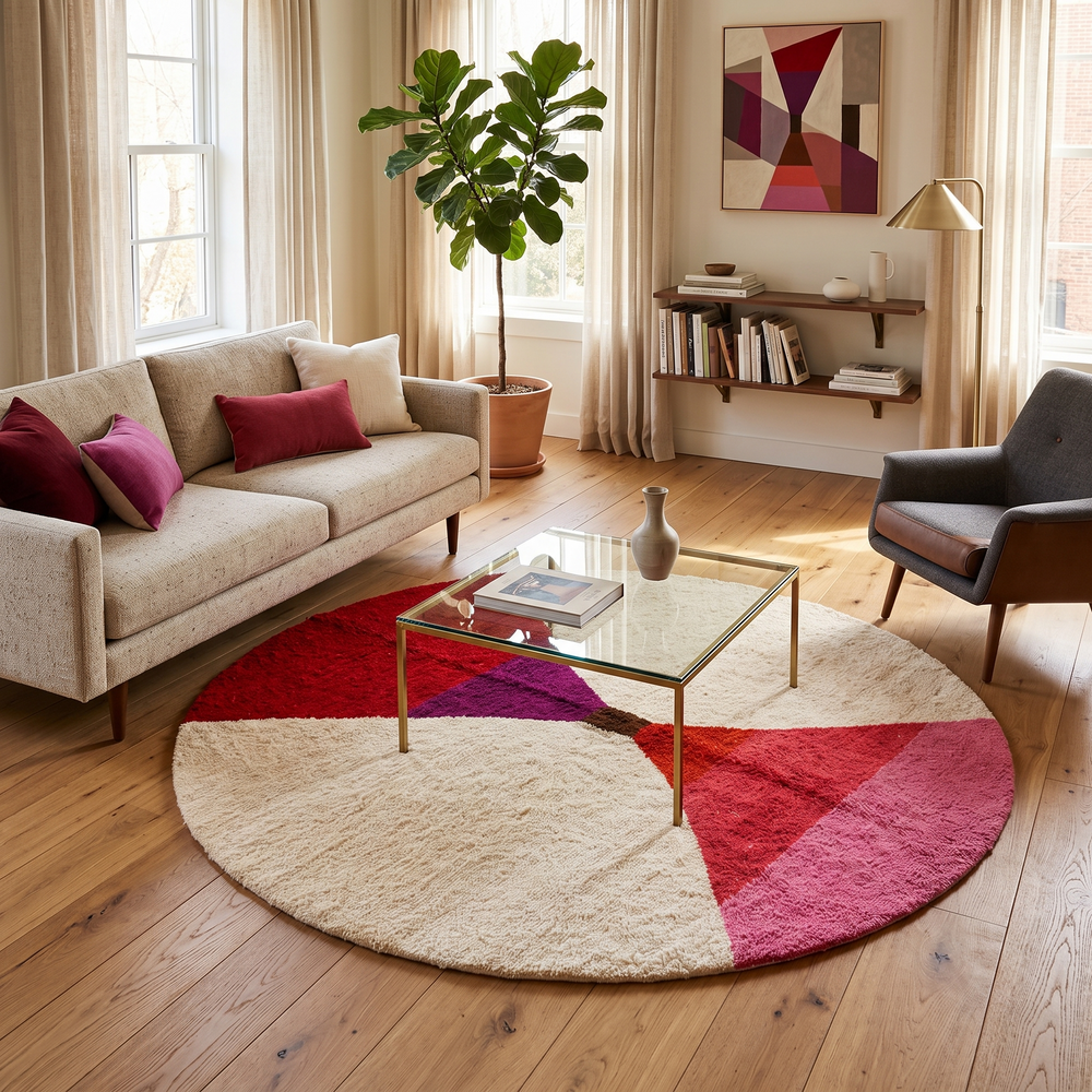 Handmade round Moroccan wool rug with modern geometric design, featuring cream base and bold red, burgundy, purple, orange, and pink color blocks.