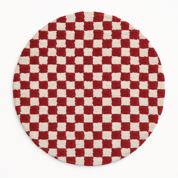 Round red and white checkered Moroccan wool rug