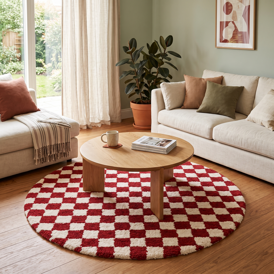 Round red and white checkered Moroccan wool rug