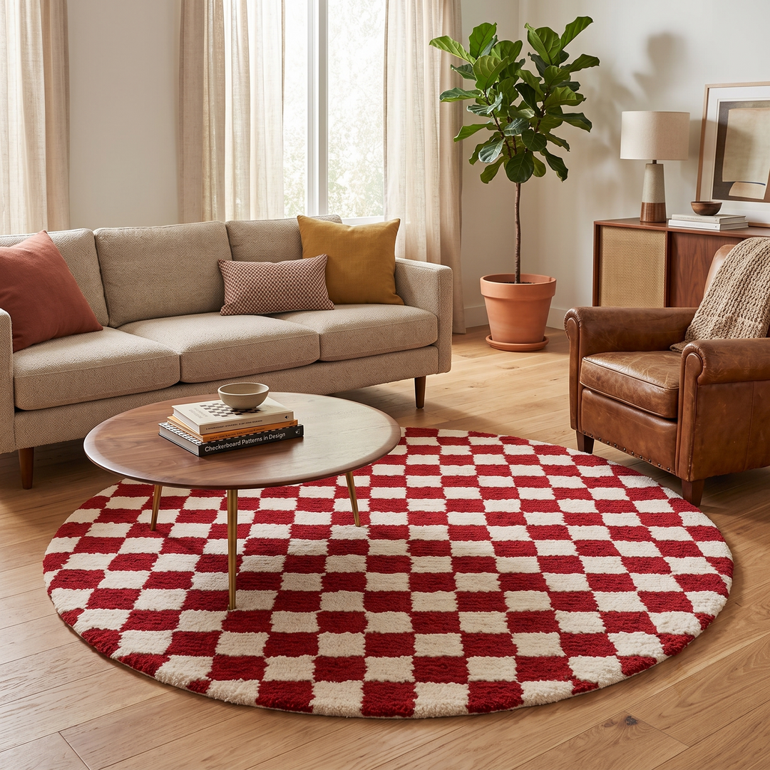 Round red and white checkered Moroccan wool rug