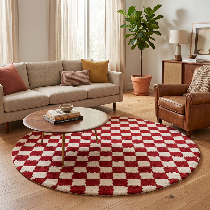 Round red and white checkered Moroccan wool rug