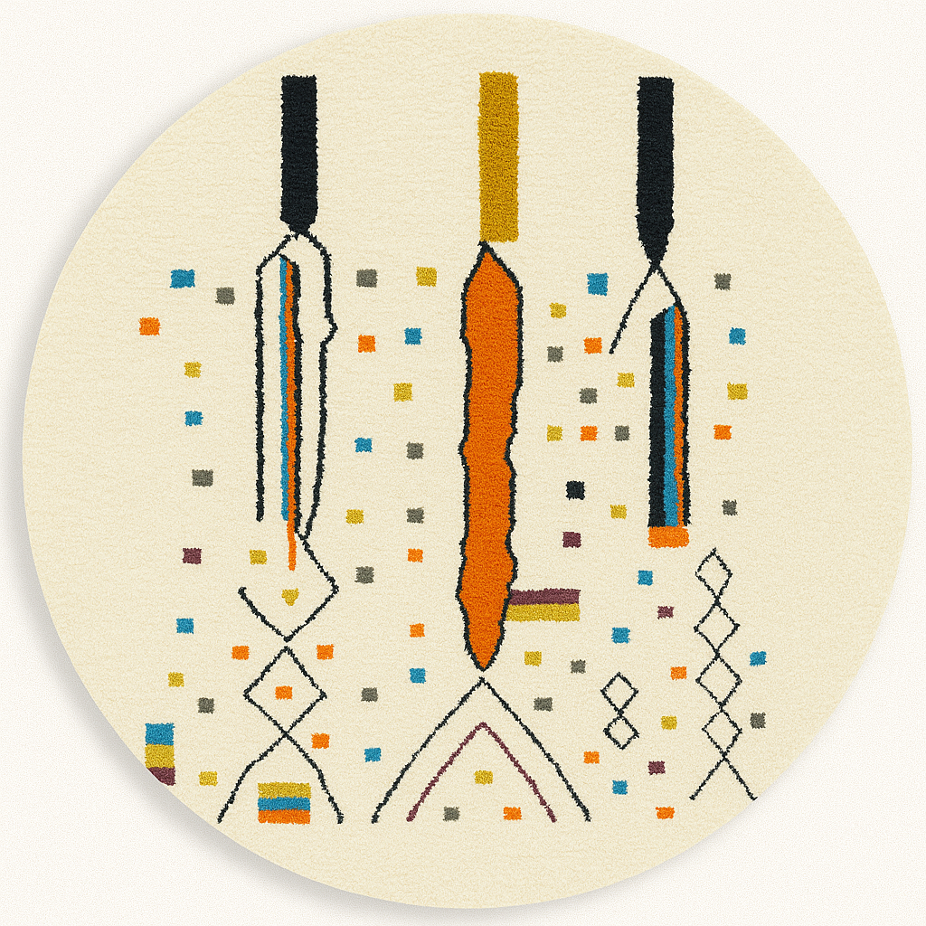 Round Moroccan wool rug with a white base and colorful abstract geometric motifs in orange, mustard, blue, teal, and black.