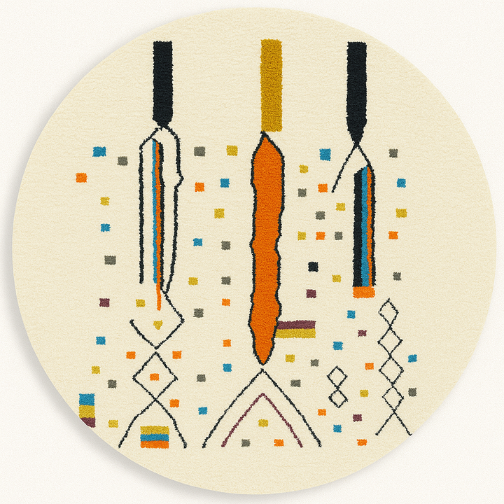 Round Moroccan wool rug with a white base and colorful abstract geometric motifs in orange, mustard, blue, teal, and black.