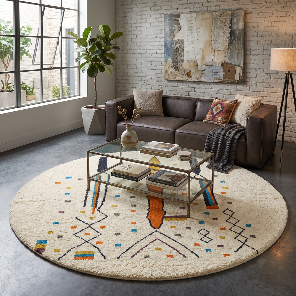Round Moroccan wool rug with a white base and colorful abstract geometric motifs in orange, mustard, blue, teal, and black.