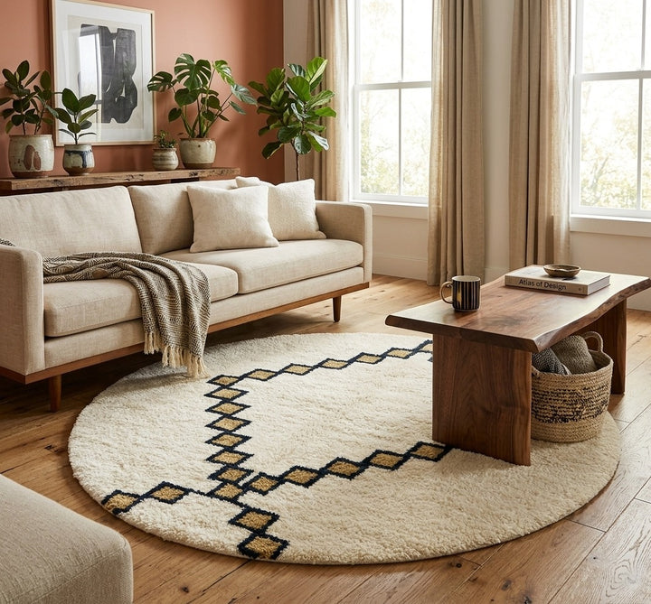 Round ivory Moroccan wool rug with black and tan geometric diamond pattern in a modern neutral living room.