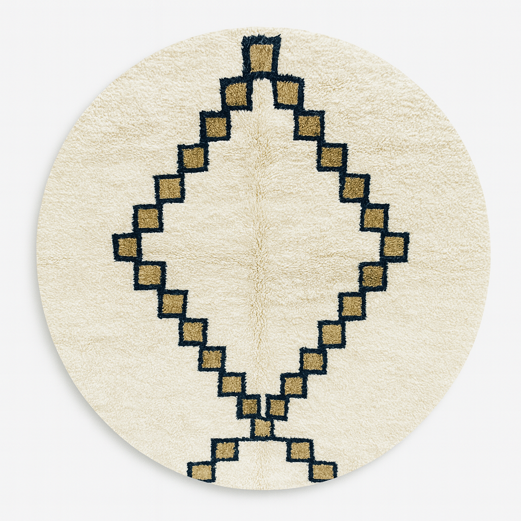 Round Moroccan Wool Rug – White Berber Diamond Design