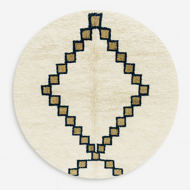 Round Moroccan Wool Rug – White Berber Diamond Design
