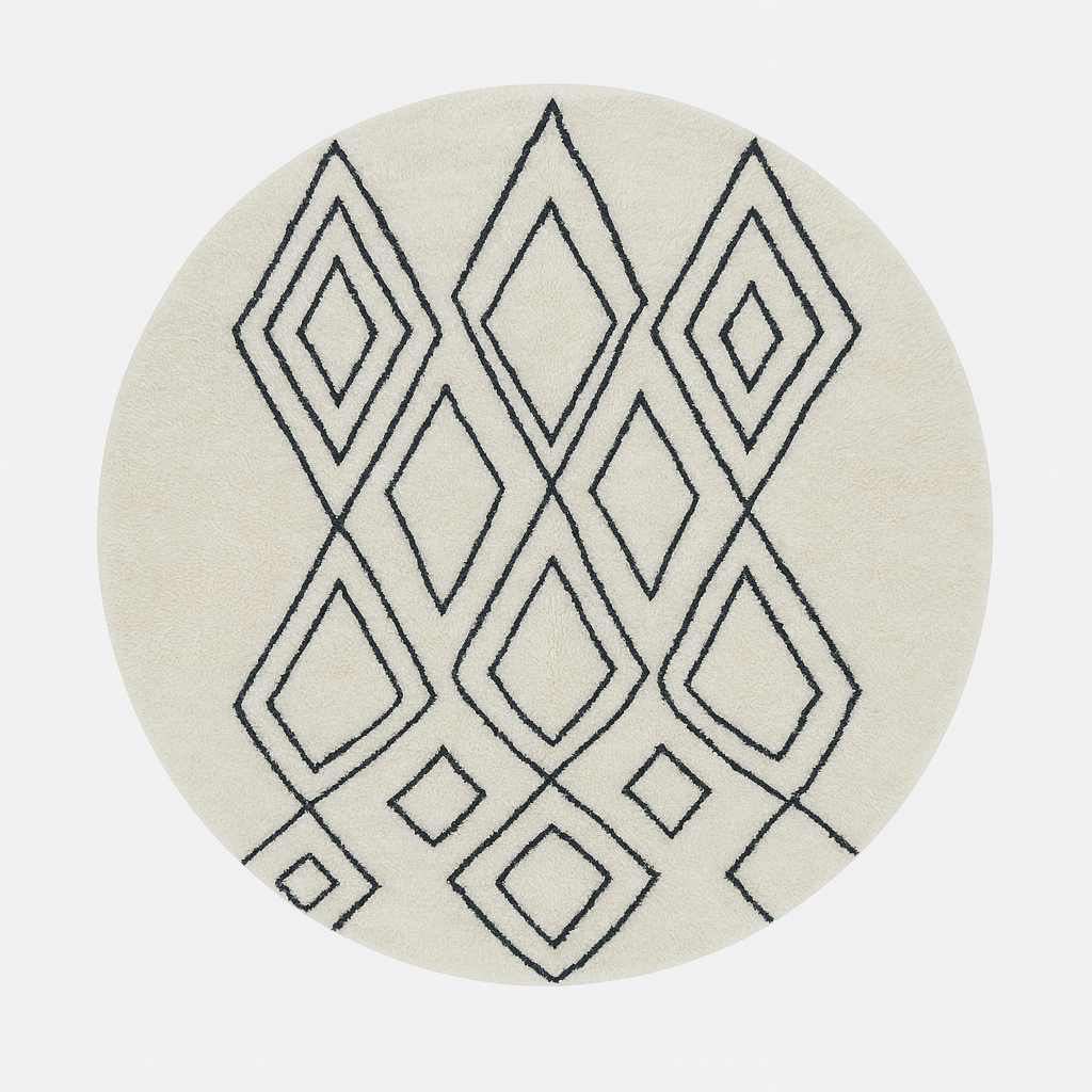 Round Moroccan wool rug in white with black Berber diamond pattern, handmade by artisans