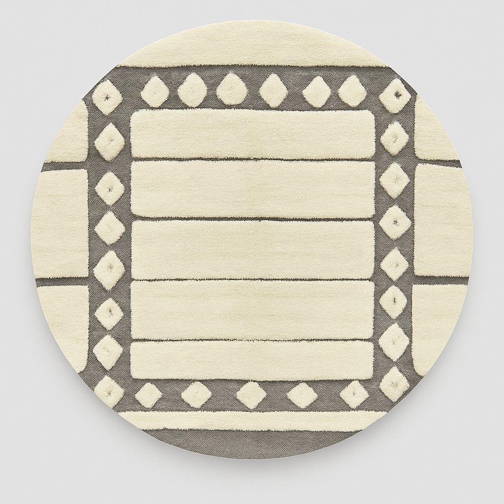 Round white and gray Moroccan wool rug with Berber border