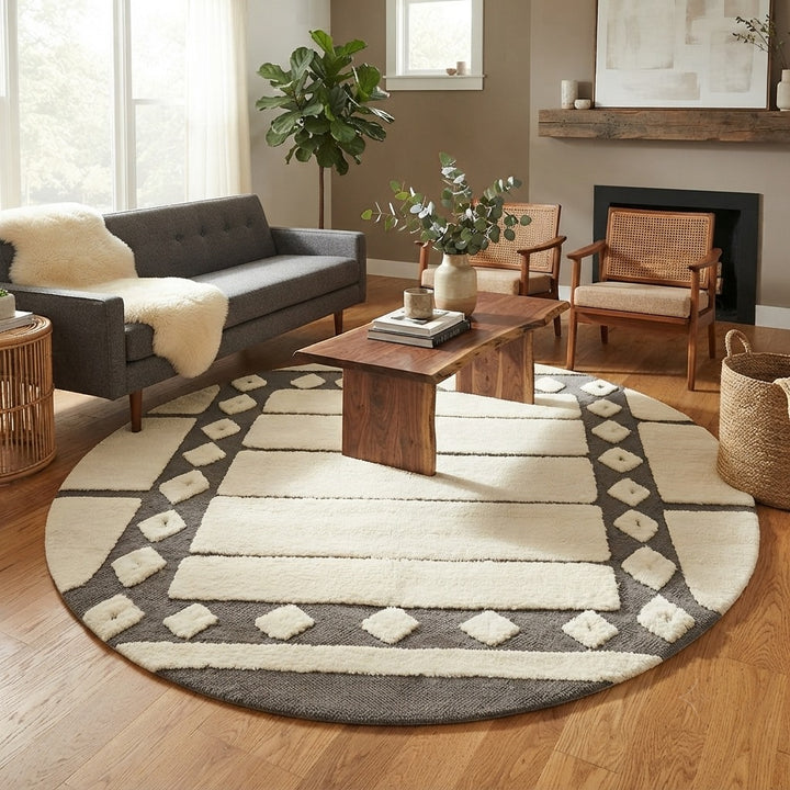 Round white and gray Moroccan wool rug with Berber border