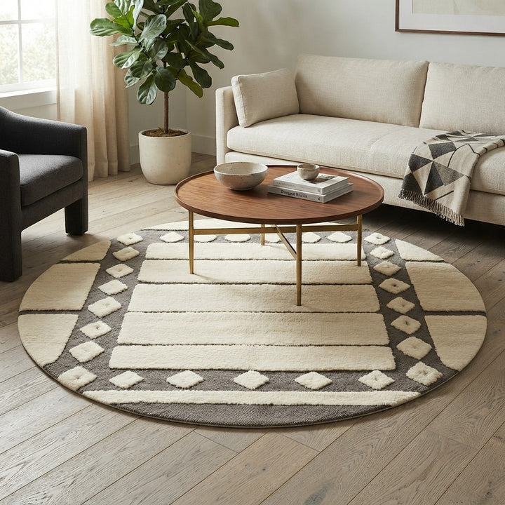 Round white and gray Moroccan wool rug with Berber border