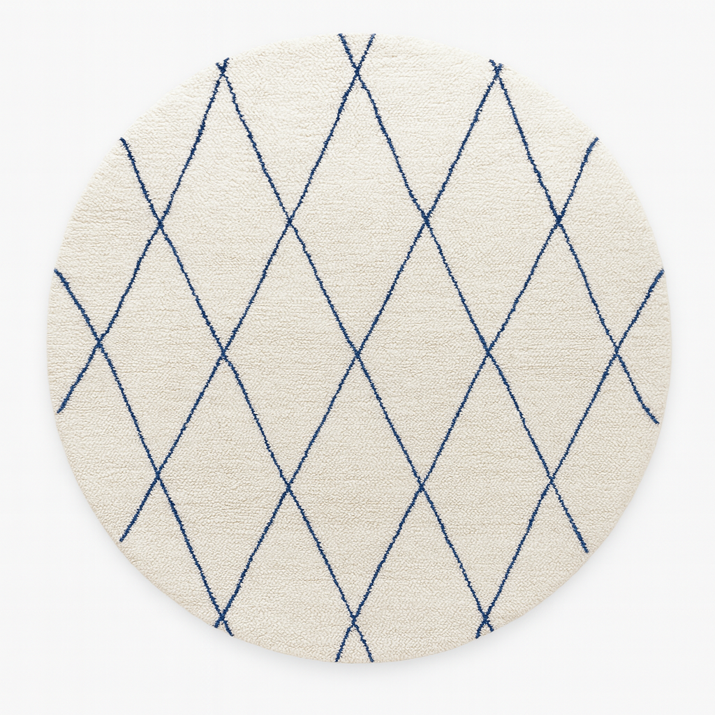 Round white Moroccan wool rug with blue diamond lines