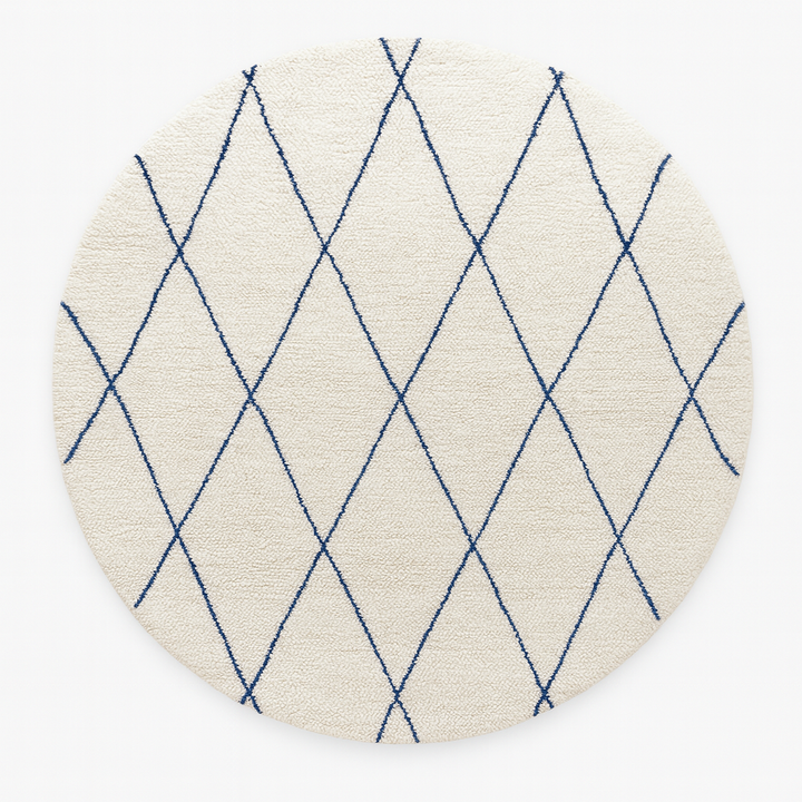 Round white Moroccan wool rug with blue diamond lines