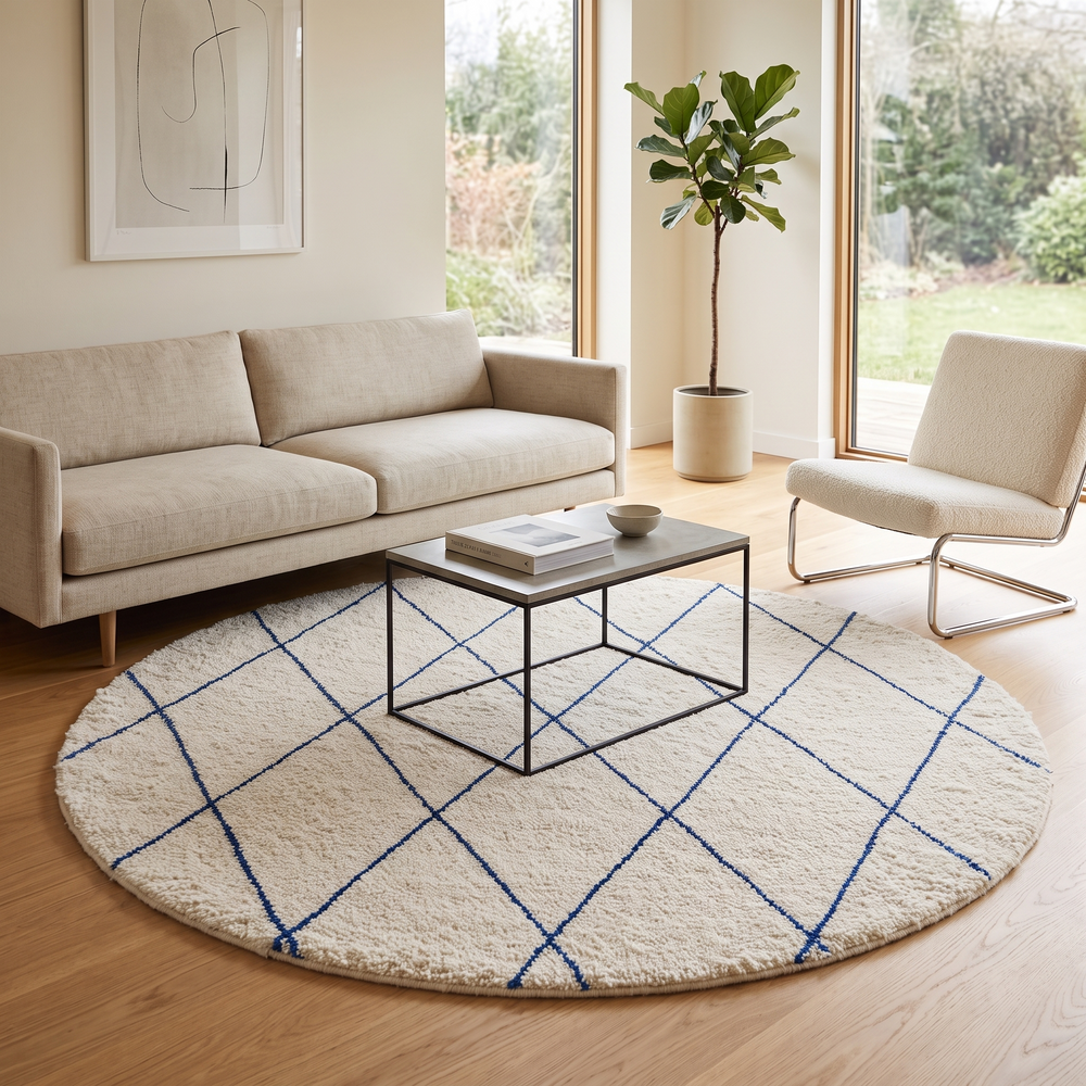 Round white Moroccan wool rug with blue diamond lines