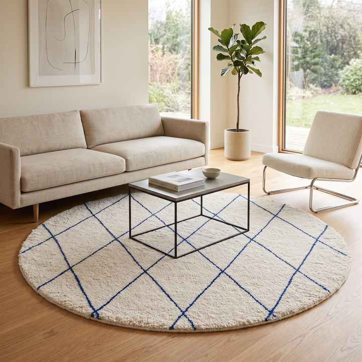 Round white Moroccan wool rug with blue diamond lines