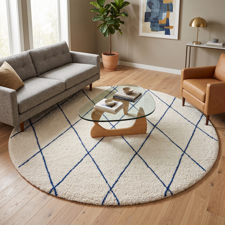 Round white Moroccan wool rug with blue diamond lines