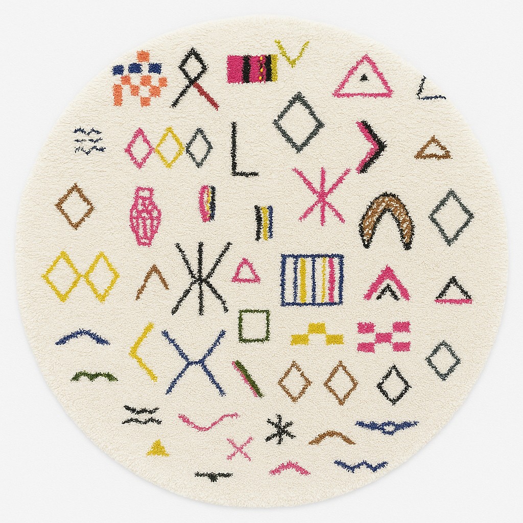 Round Moroccan wool rug with colorful Berber tribal symbols on a white background