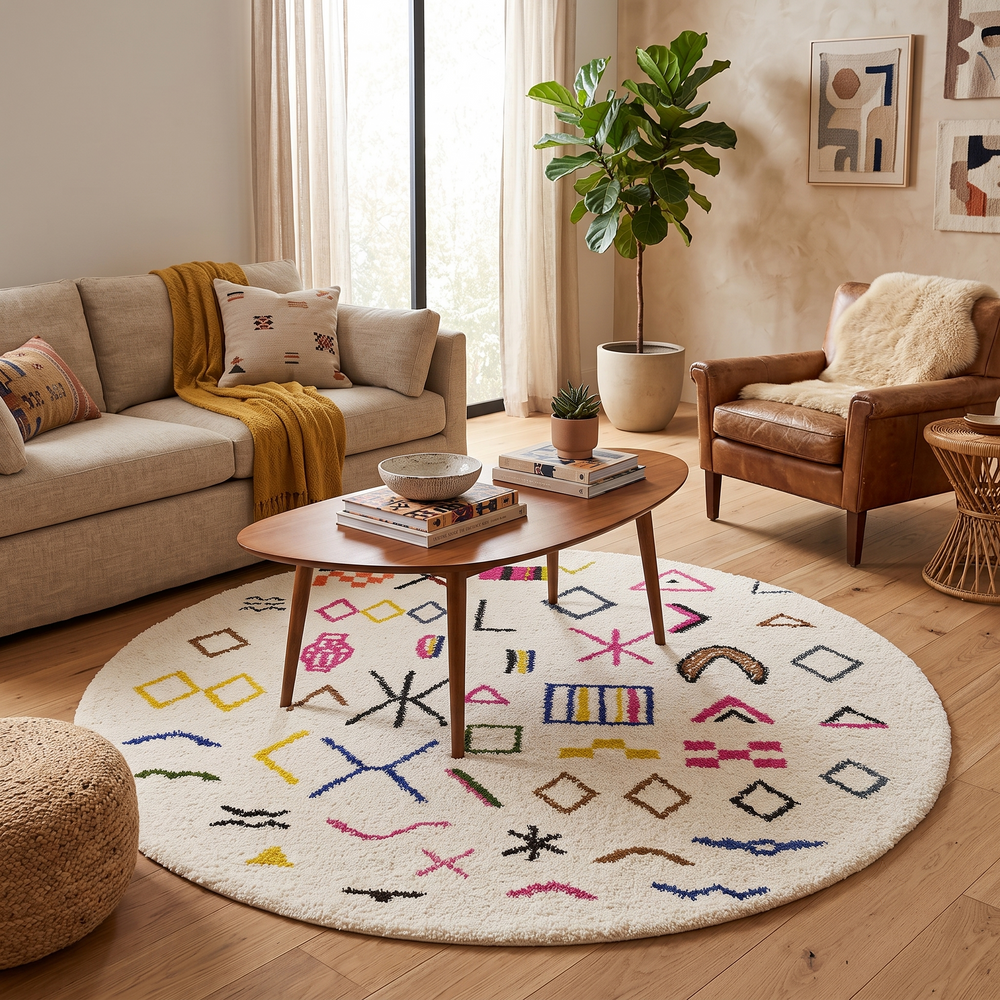 Round Moroccan wool rug with colorful Berber tribal symbols on a white background